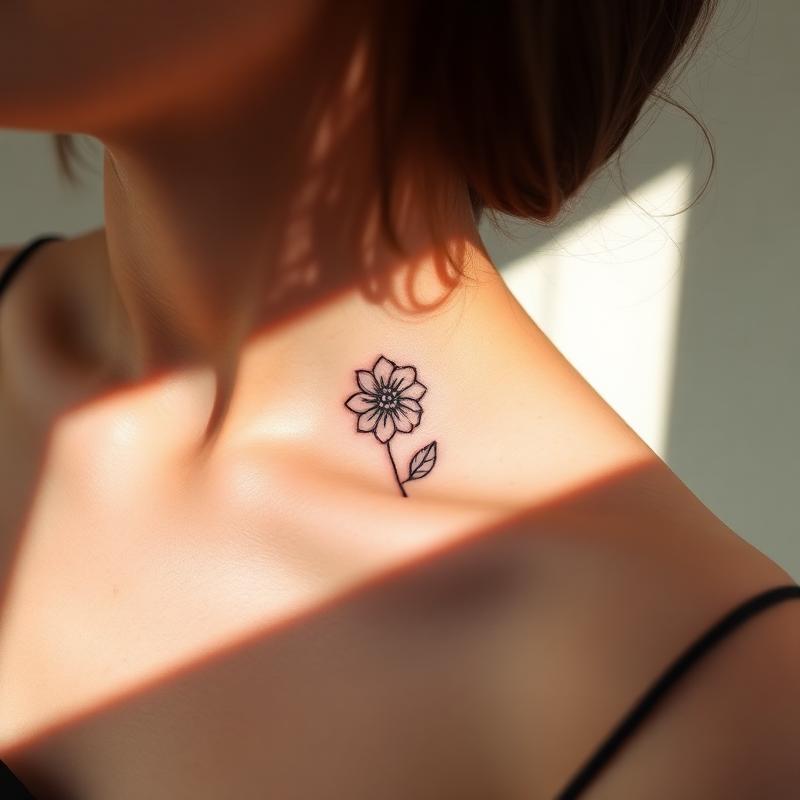 Fineline Blumen-Tattoo am Schlüsselbein