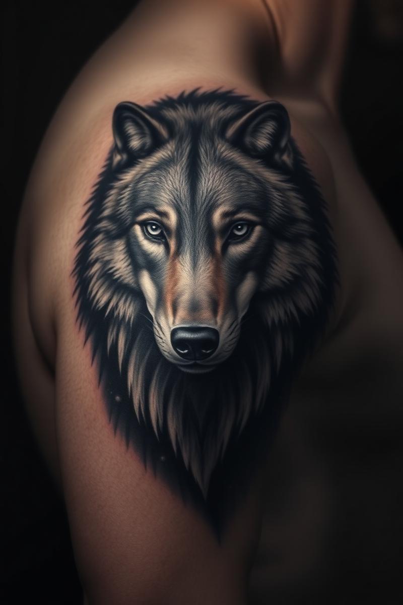 Realistisches Wolf-Tattoo auf der Schulter