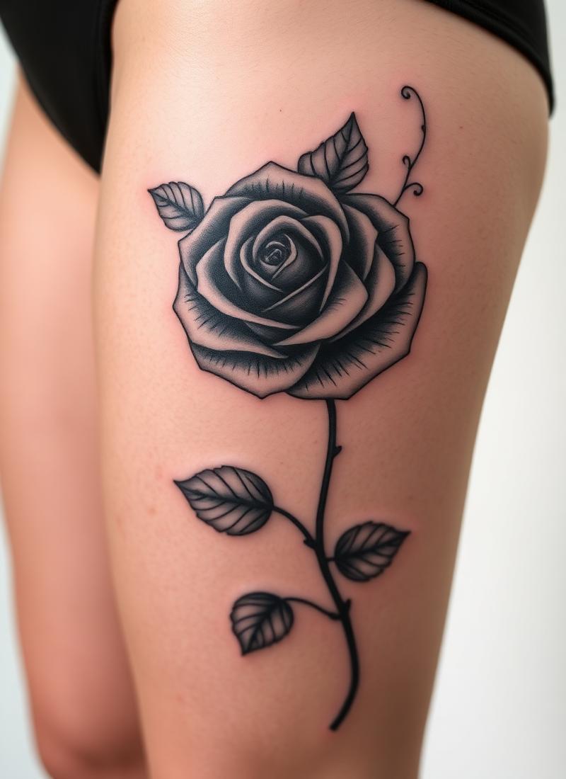 Black and Grey Rosen-Tattoo am Oberschenkel