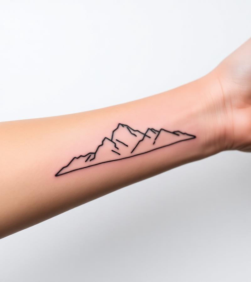 Fineline Bergketten-Tattoo auf dem Unterarm