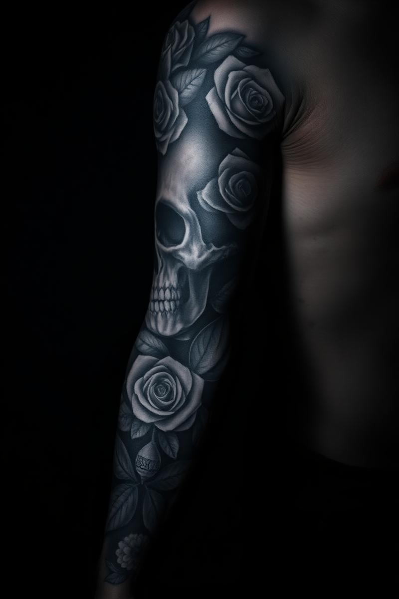 Black and Grey Sleeve Tattoo mit Totenkopf und Rosen