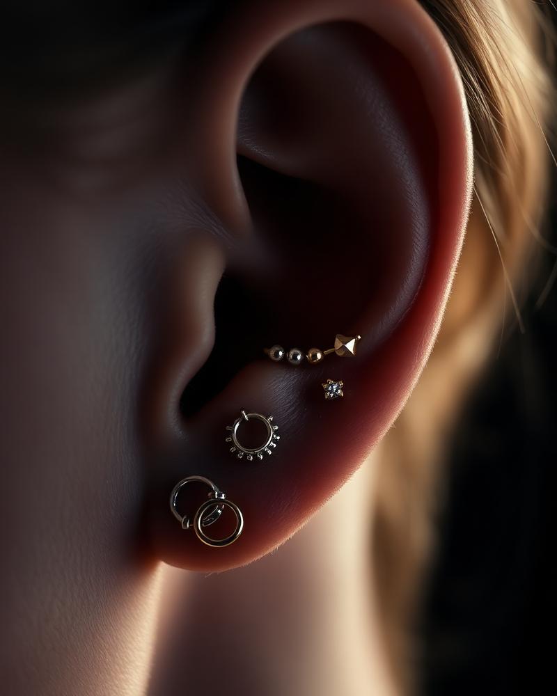 Elegante Ohrpiercings mit Gold- und Silberschmuck